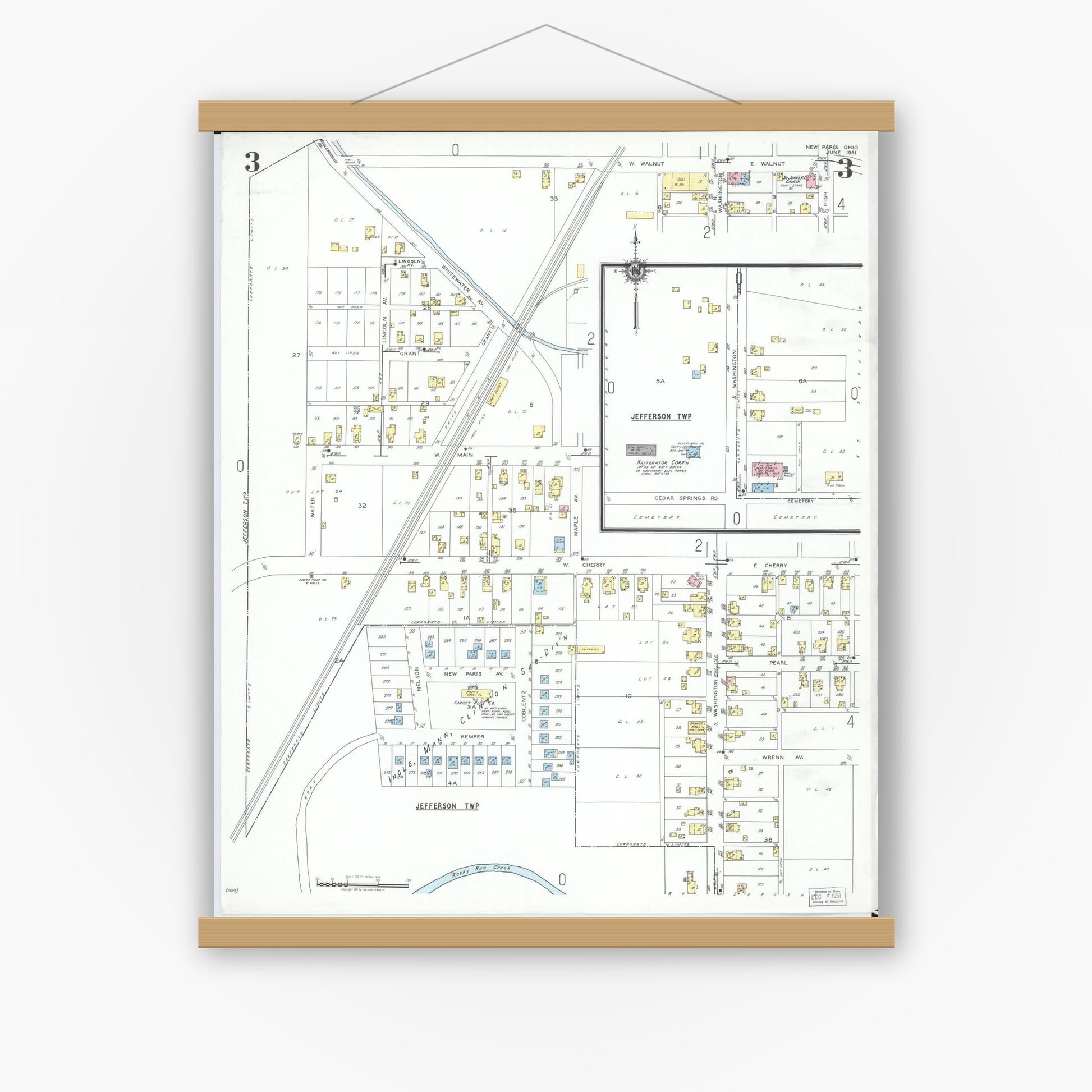 Old map wall art mockup — magnetic wood frame on white wall — Sanborn Fire Insurance Map from New Paris, Preble County, Ohio (1951), Sheet #0003