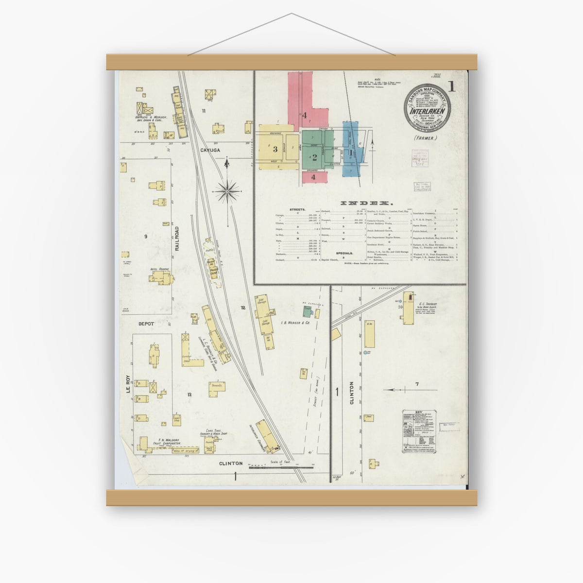 Old map wall art mockup — magnetic wood frame on white wall — Sanborn Fire Insurance Map from Interlaken, Seneca County, New York (1904), Sheet #0001