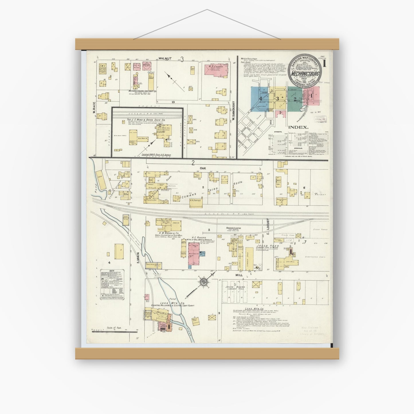 Old map wall art mockup — magnetic wood frame on white wall — Sanborn Fire Insurance Map from Mechanicsburg, Champaign County, Ohio (1911) - Complete Map Set