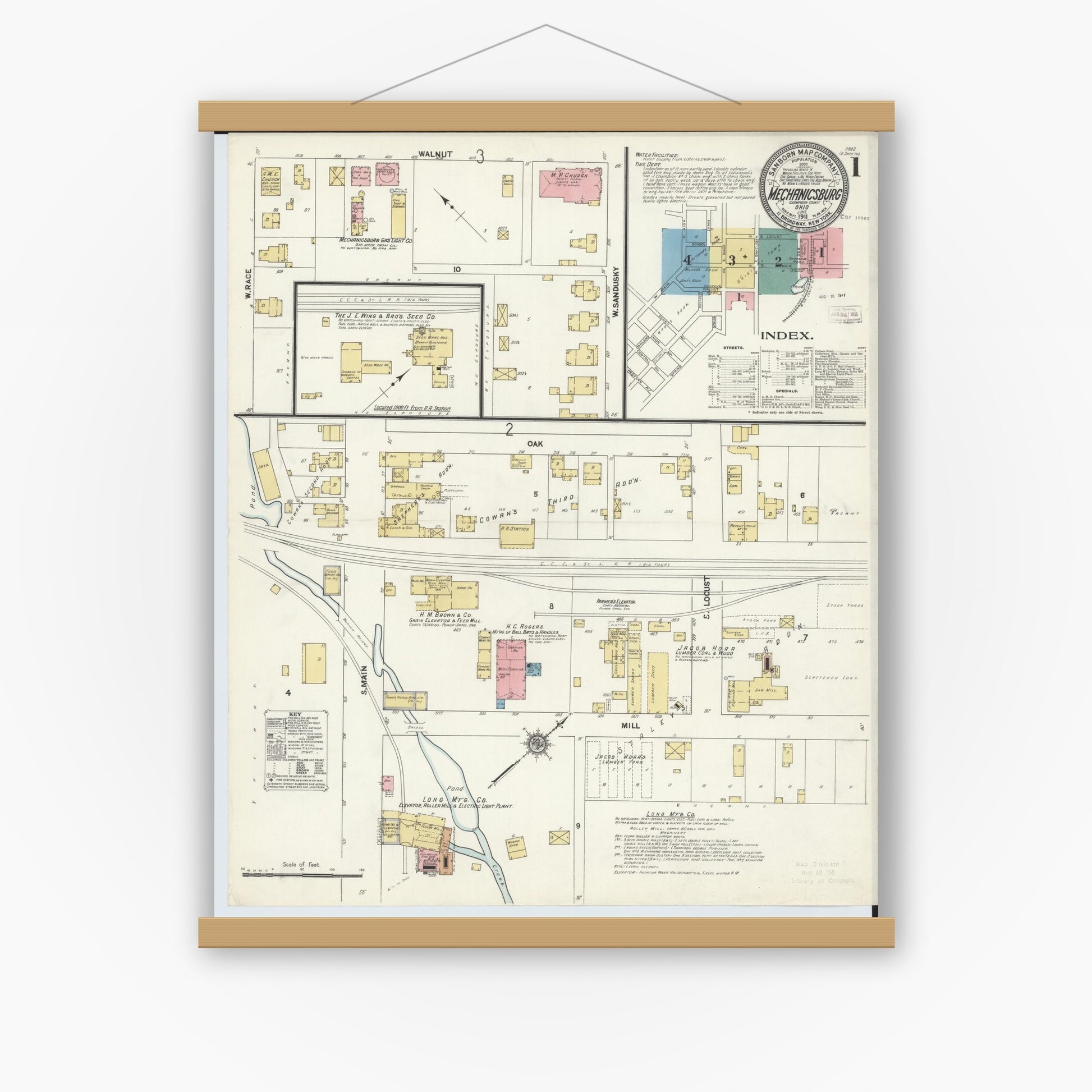 Old map wall art mockup — magnetic wood frame on white wall — Sanborn Fire Insurance Map from Mechanicsburg, Champaign County, Ohio (1911) - Complete Map Set