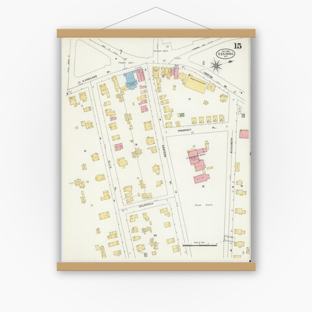 Old map wall art mockup — magnetic wood frame on white wall — Sanborn Fire Insurance Map from Ossining, Westchester County, New York (1903), Sheet #0015
