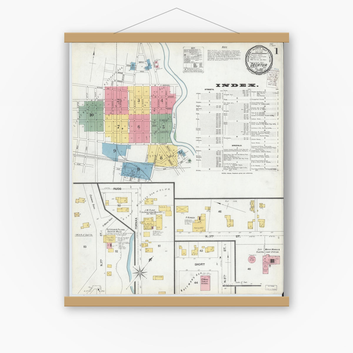 Old map wall art mockup — magnetic wood frame on white wall — Sanborn Fire Insurance Map from Decatur, Adams County, Indiana (1900) - Complete Map Set