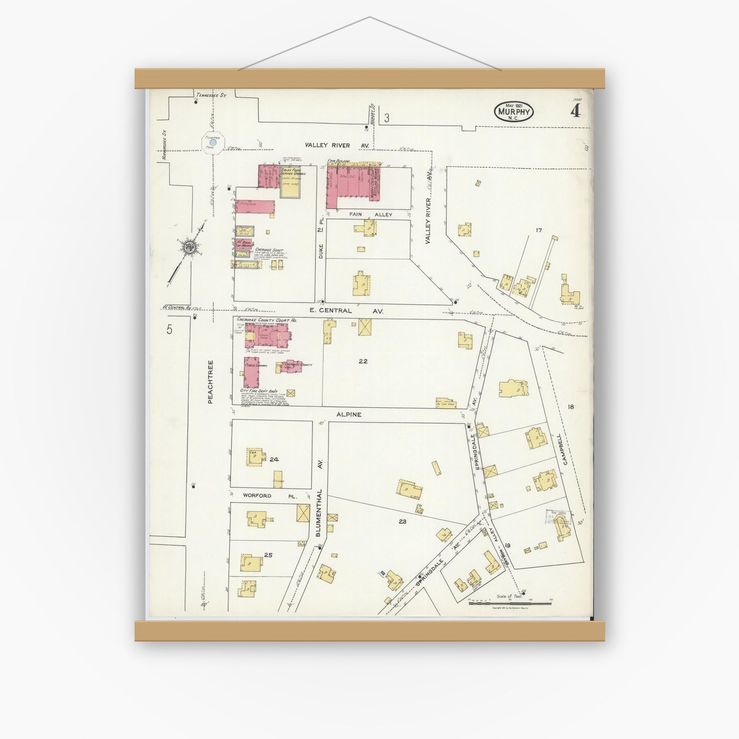Old map wall art mockup — magnetic wood frame on white wall — Sanborn Fire Insurance Map from Murphy, Cherokee County, North Carolina (1921), Sheet #0004