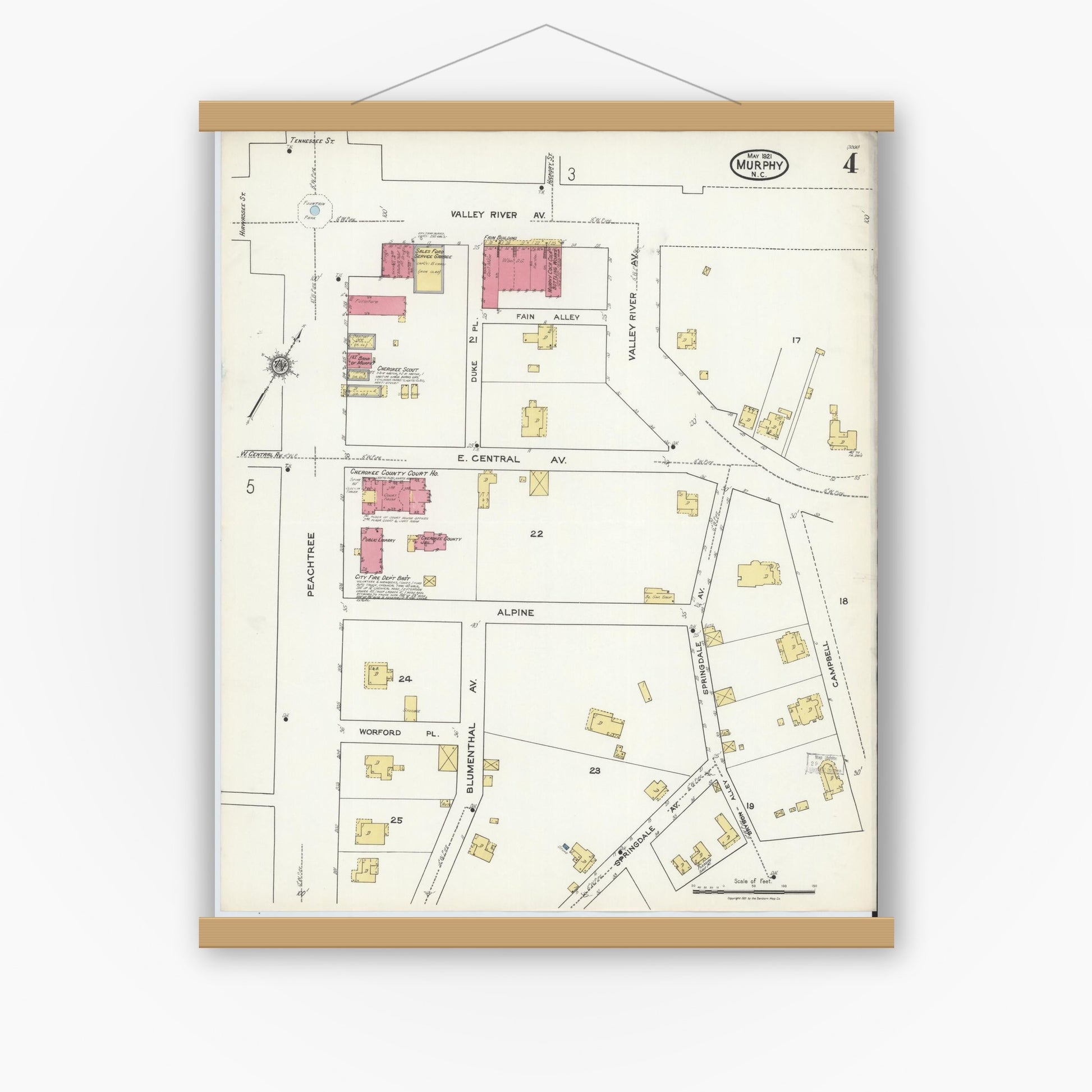 Old map wall art mockup — magnetic wood frame on white wall — Sanborn Fire Insurance Map from Murphy, Cherokee County, North Carolina (1921), Sheet #0004