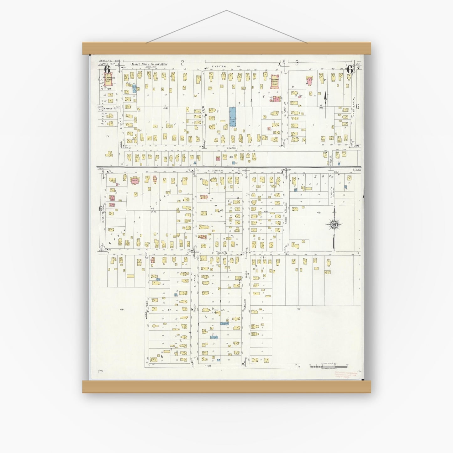 Old map wall art mockup — magnetic wood frame on white wall — Sanborn Fire Insurance Map from Zeeland, Ottawa County, Michigan (1934), Sheet #0006