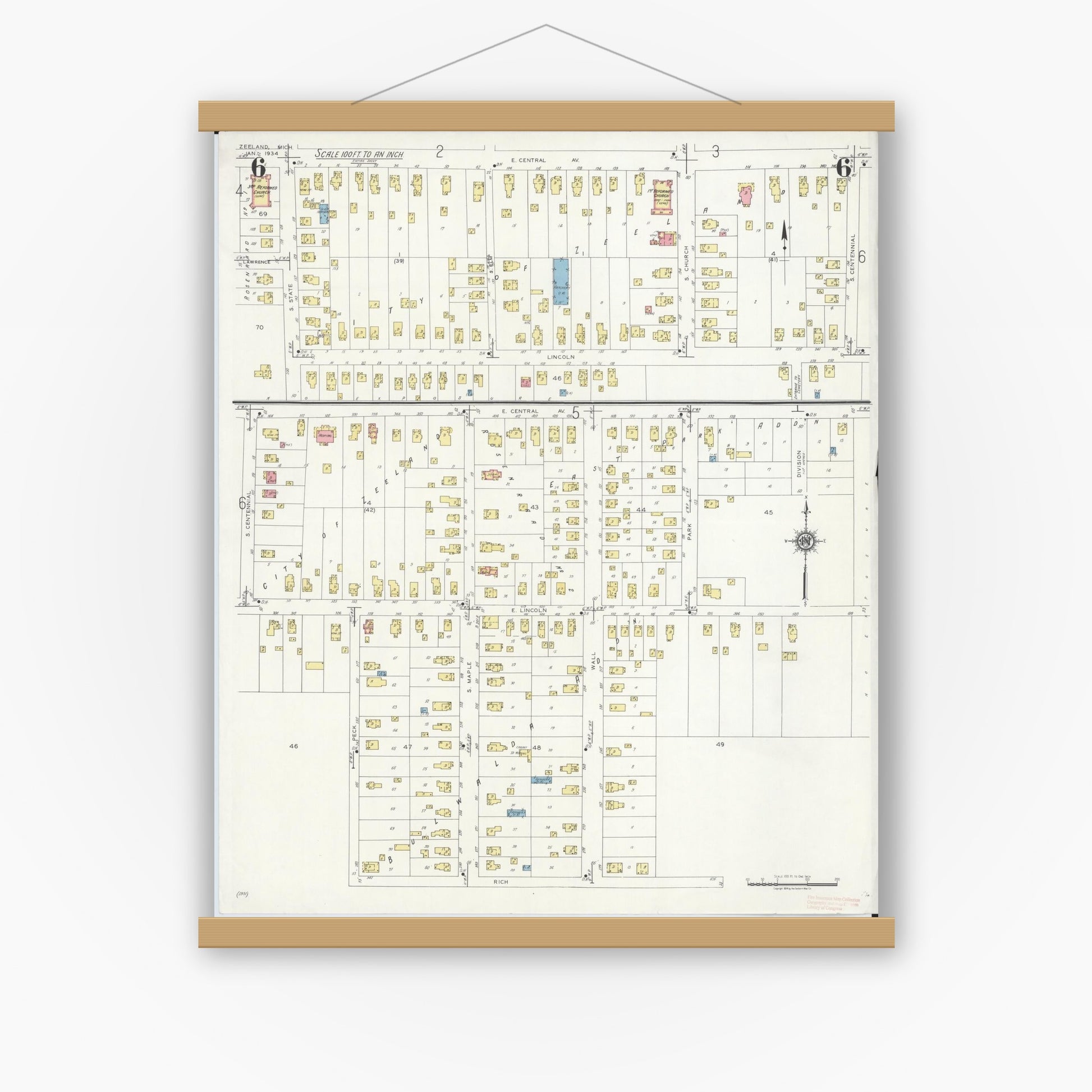 Old map wall art mockup — magnetic wood frame on white wall — Sanborn Fire Insurance Map from Zeeland, Ottawa County, Michigan (1934), Sheet #0006