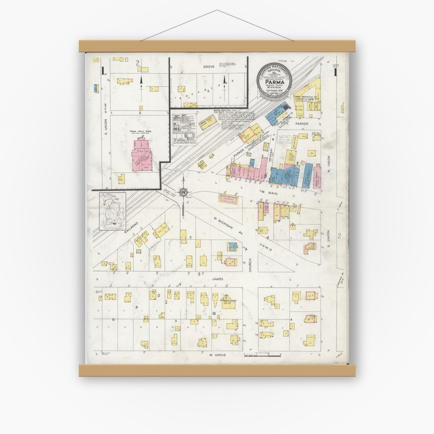 Old map wall art mockup — magnetic wood frame on white wall — Sanborn Fire Insurance Map from Parma, Jackson County, Michigan (1930) - Complete Map Set