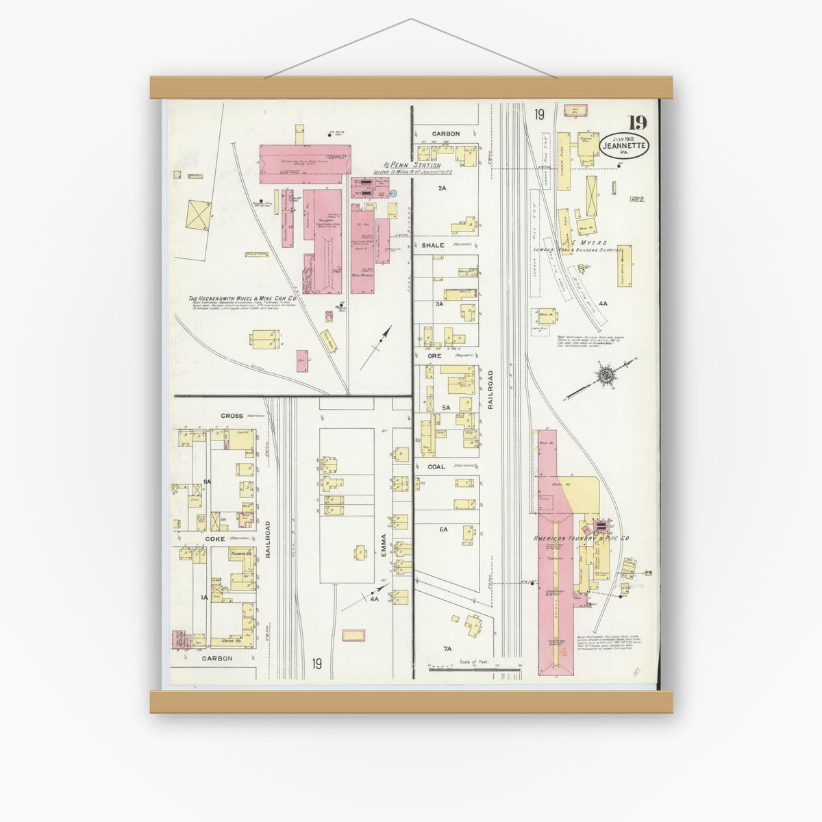 Old map wall art mockup — magnetic wood frame on white wall — Sanborn Fire Insurance Map from Jeannette, Westmoreland County, Pennsylvania (1910), Sheet #0019