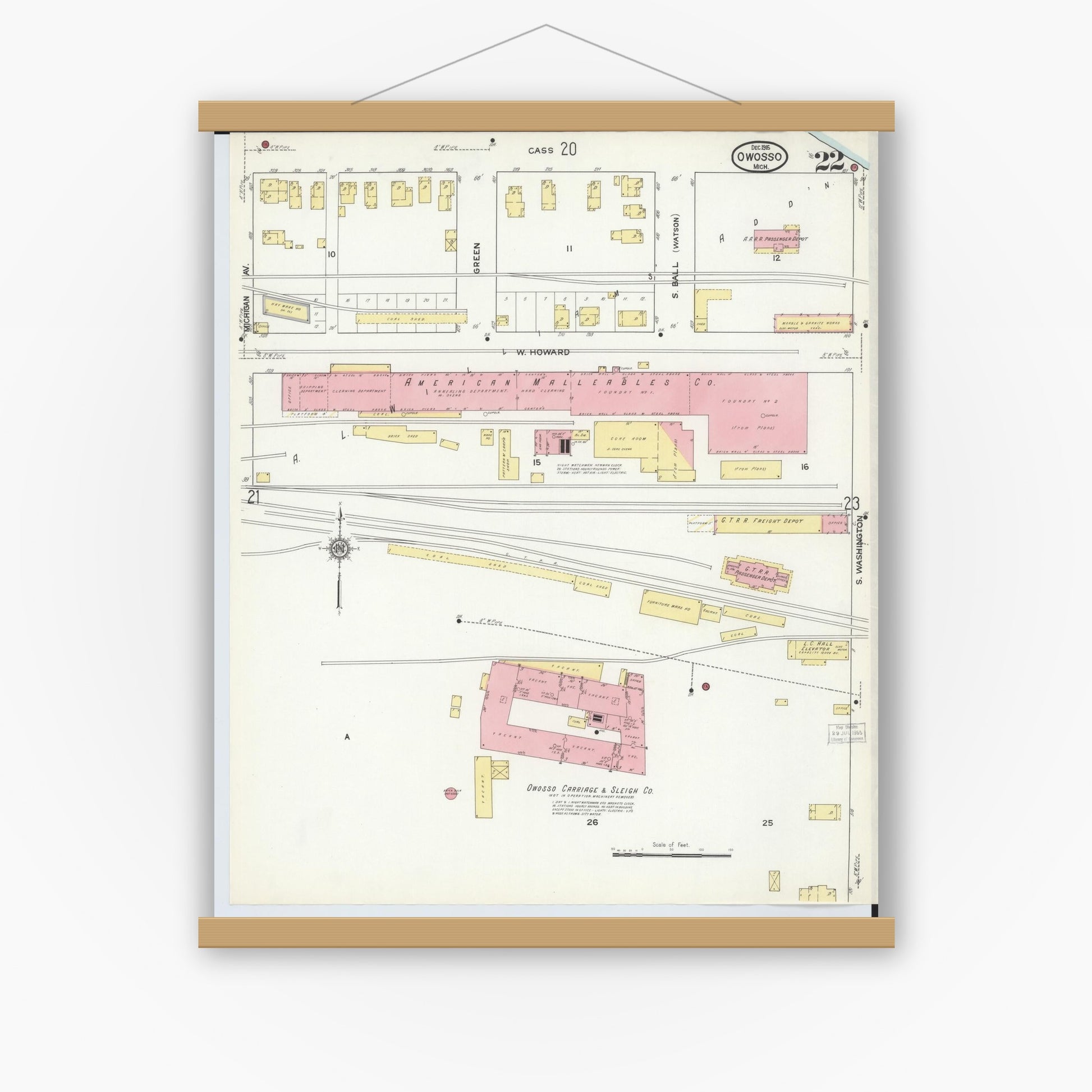 Old map wall art mockup — magnetic wood frame on white wall — Sanborn Fire Insurance Map from Owosso, Shiawassee County, Michigan (1915), Sheet #0022