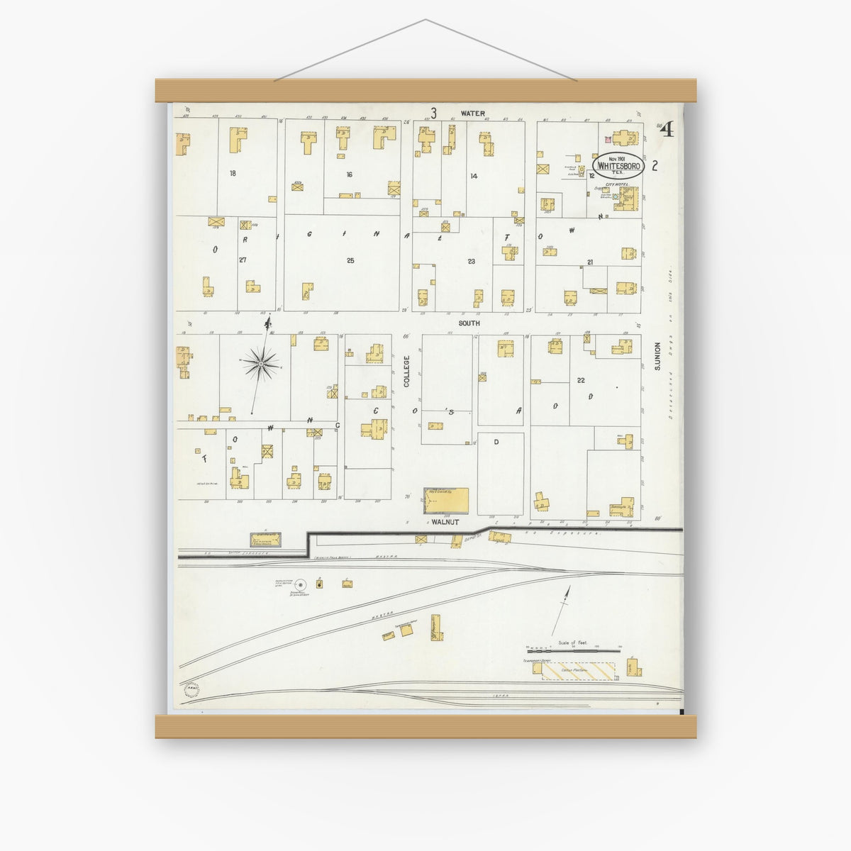 Old map wall art mockup — magnetic wood frame on white wall — Sanborn Fire Insurance Map from Whitesboro, Grayson County, Texas (1901), Sheet #0004