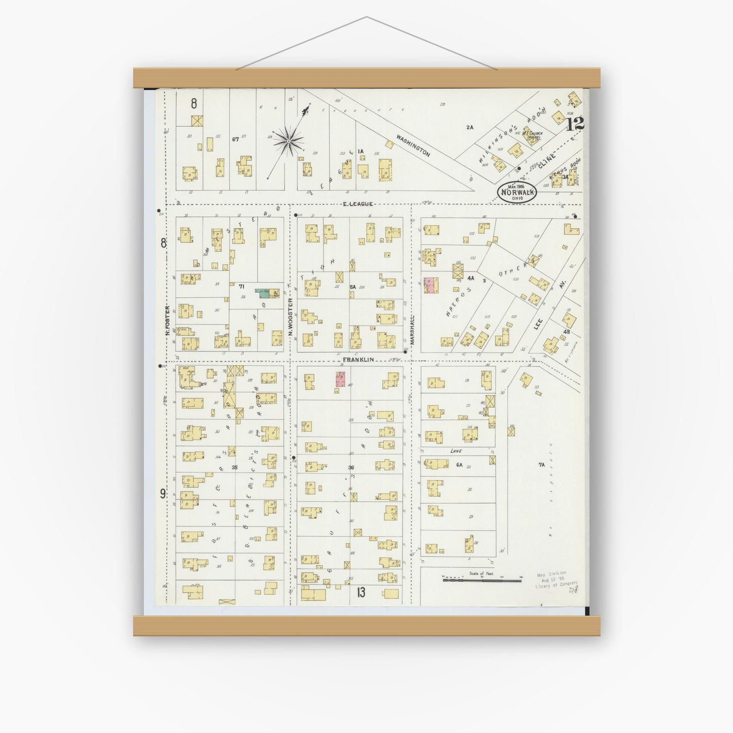 Old map wall art mockup — magnetic wood frame on white wall — Sanborn Fire Insurance Map from Norwalk, Huron County, Ohio (1906), Sheet #0012