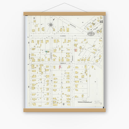 Old map wall art mockup — magnetic wood frame on white wall — Sanborn Fire Insurance Map from Norwalk, Huron County, Ohio (1906), Sheet #0012