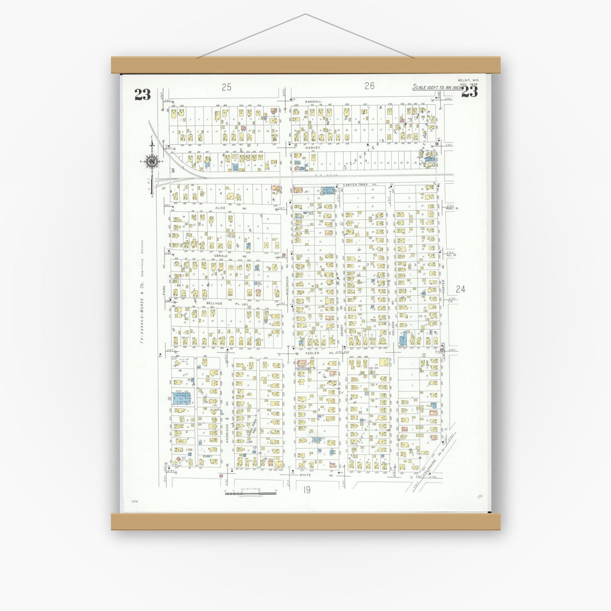 Old map wall art mockup — magnetic wood frame on white wall — Sanborn Fire Insurance Map from Beloit, Rock County, Wisconsin (1939), Sheet #0023