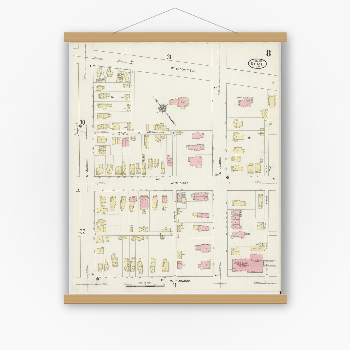 Old map wall art mockup — magnetic wood frame on white wall — Sanborn Fire Insurance Map from Rome, Oneida County, New York (1914), Sheet #0008