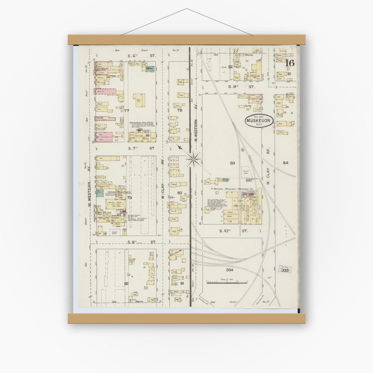 Old map wall art mockup — magnetic wood frame on white wall — Sanborn Fire Insurance Map from Muskegon, Muskegon County, Michigan (1887), Sheet #0016
