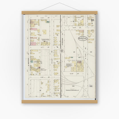 Old map wall art mockup — magnetic wood frame on white wall — Sanborn Fire Insurance Map from Muskegon, Muskegon County, Michigan (1887), Sheet #0016