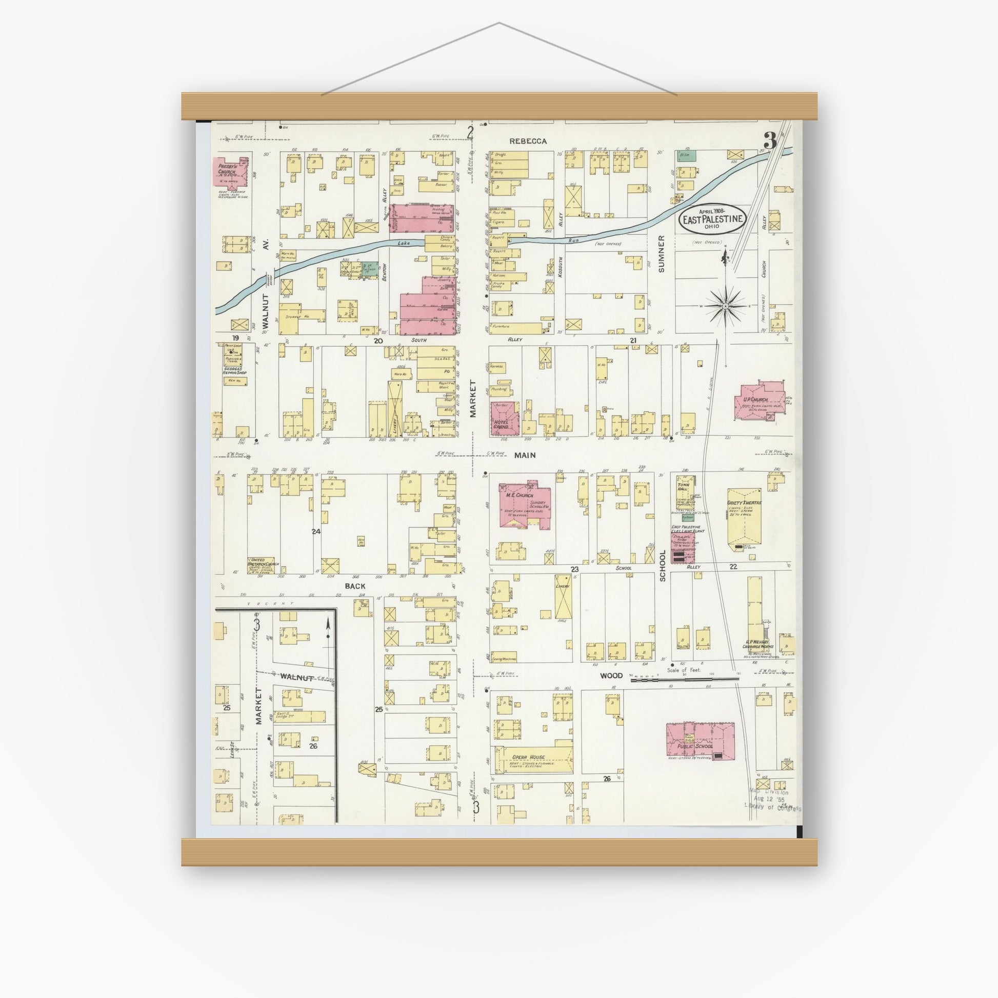 Old map wall art mockup — magnetic wood frame on white wall — Sanborn Fire Insurance Map from East Palestine, Columbiana County, Ohio (1908), Sheet #0003