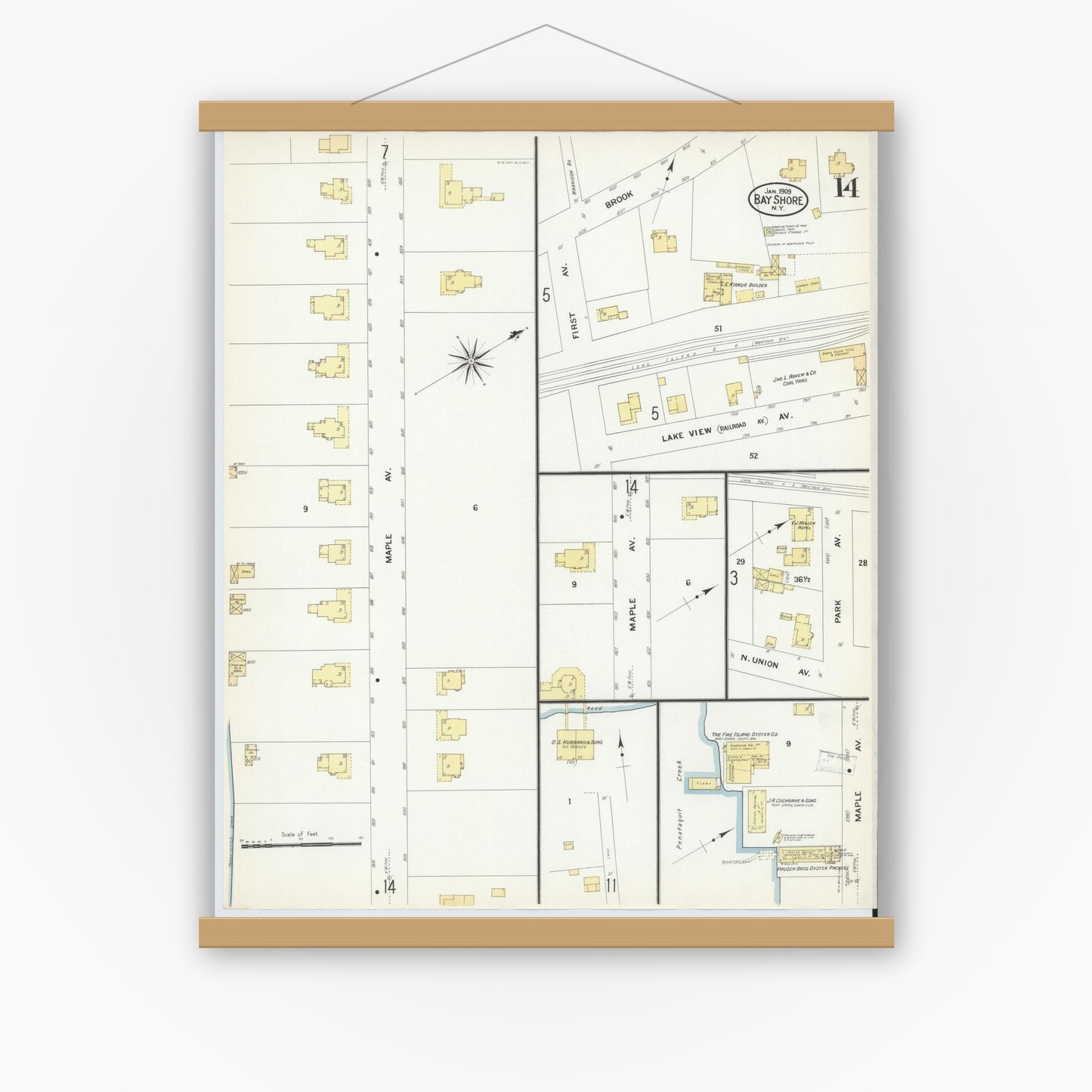 Old map wall art mockup — magnetic wood frame on white wall — Sanborn Fire Insurance Map from Bay Shore, Suffolk County, New York (1909), Sheet #0014