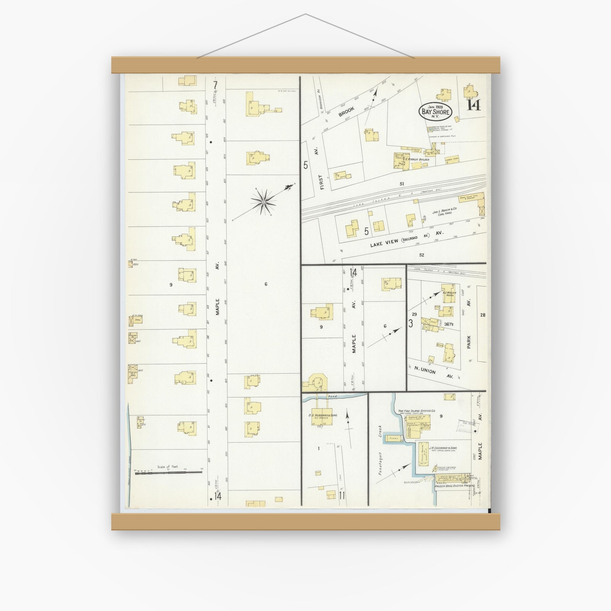 Old map wall art mockup — magnetic wood frame on white wall — Sanborn Fire Insurance Map from Bay Shore, Suffolk County, New York (1909), Sheet #0014