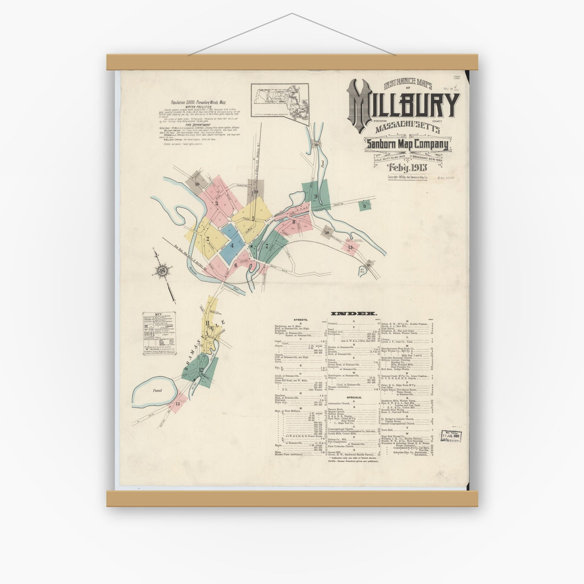 Old map wall art mockup — magnetic wood frame on white wall — Sanborn Fire Insurance Map from Millbury, Worcester County, Massachusetts (1913) - Complete Map Set