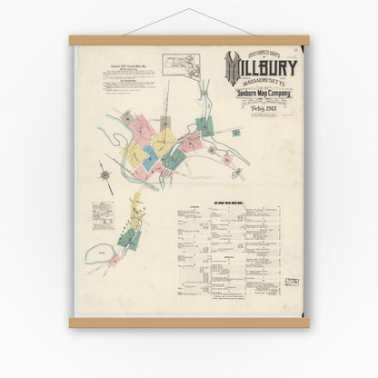 Old map wall art mockup — magnetic wood frame on white wall — Sanborn Fire Insurance Map from Millbury, Worcester County, Massachusetts (1913) - Complete Map Set