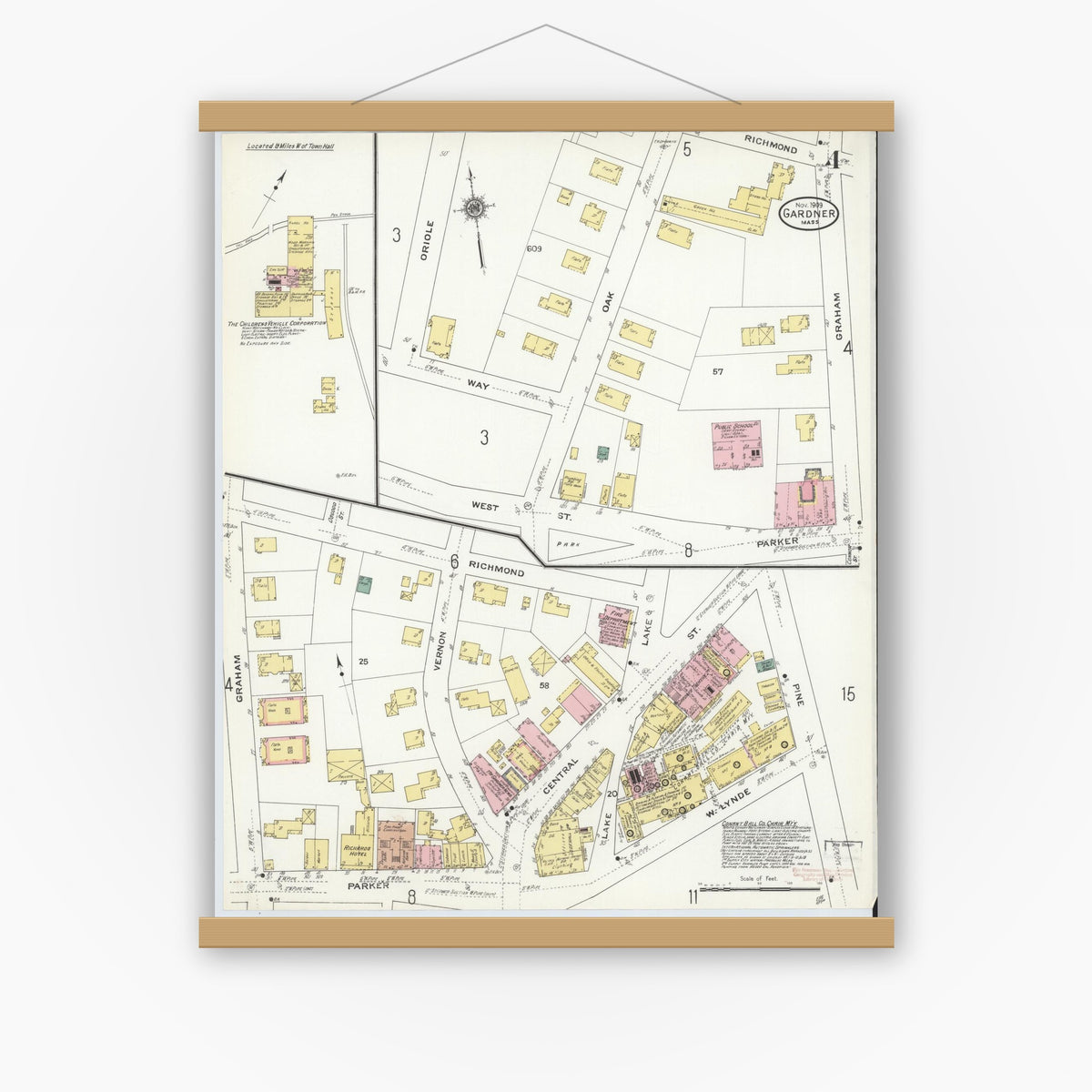 Old map wall art mockup — magnetic wood frame on white wall — Sanborn Fire Insurance Map from Gardner, Worcester County, Massachusetts (1909), Sheet #0004