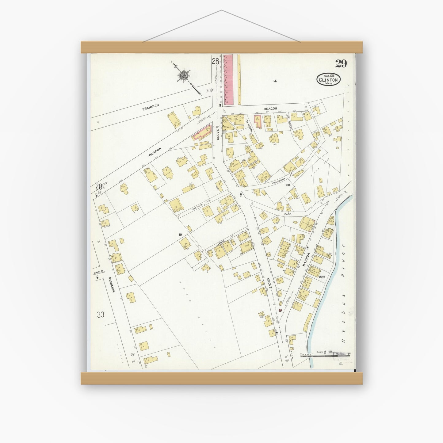 Old map wall art mockup — magnetic wood frame on white wall — Sanborn Fire Insurance Map from Clinton, Worcester County, Massachusetts (1911), Sheet #0029