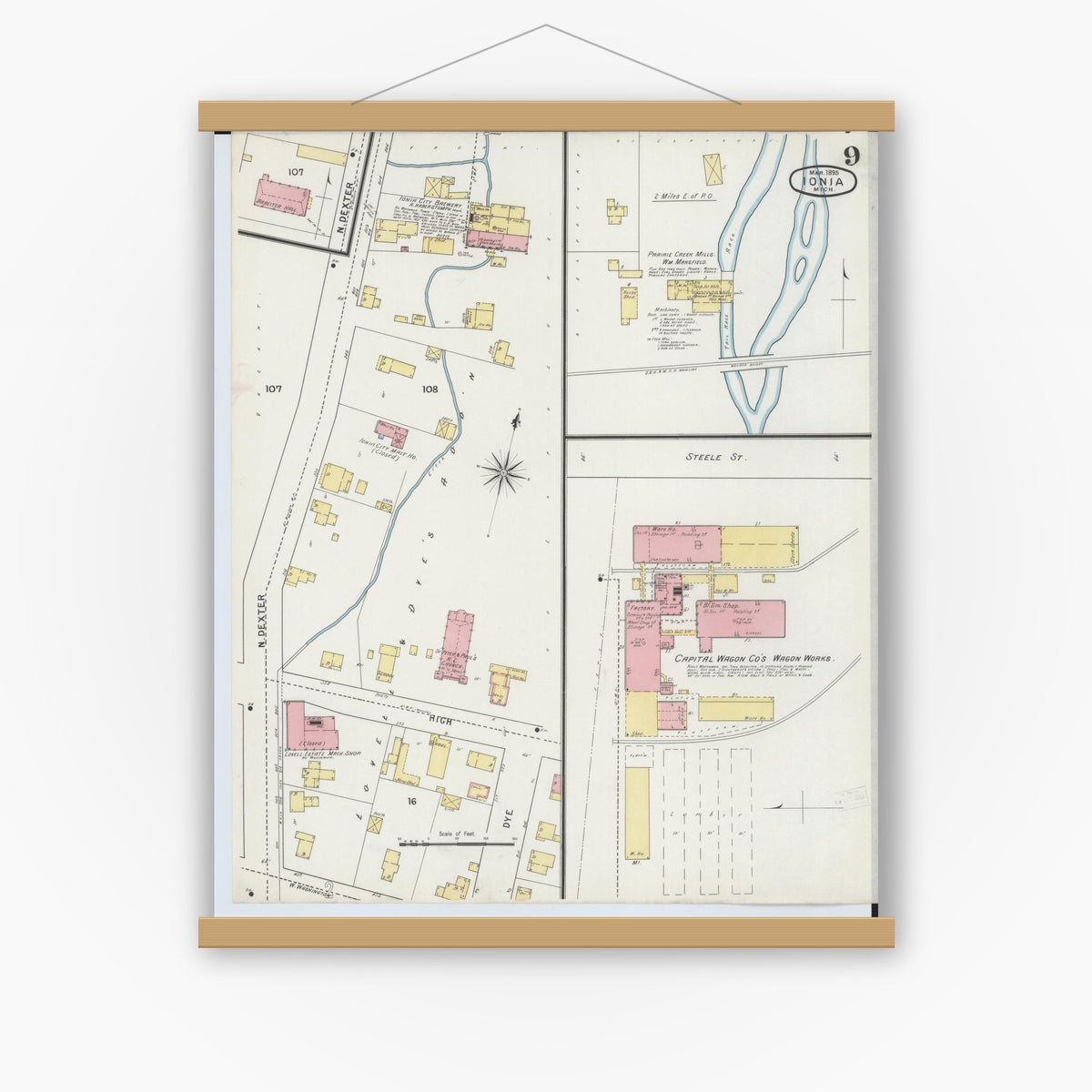 Old map wall art mockup — magnetic wood frame on white wall — Sanborn Fire Insurance Map from Ionia, Ionia County, Michigan (1895), Sheet #0009