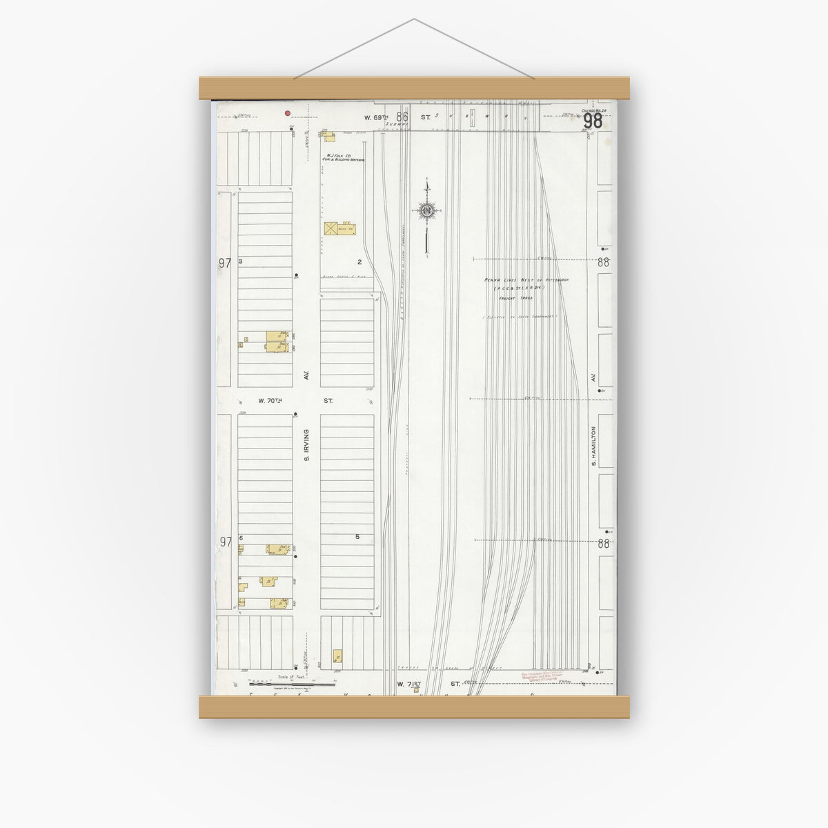 Old map wall art mockup — magnetic wood frame on white wall — Sanborn Fire Insurance Map from Chicago, Cook County, Illinois (1920), Sheet #0098