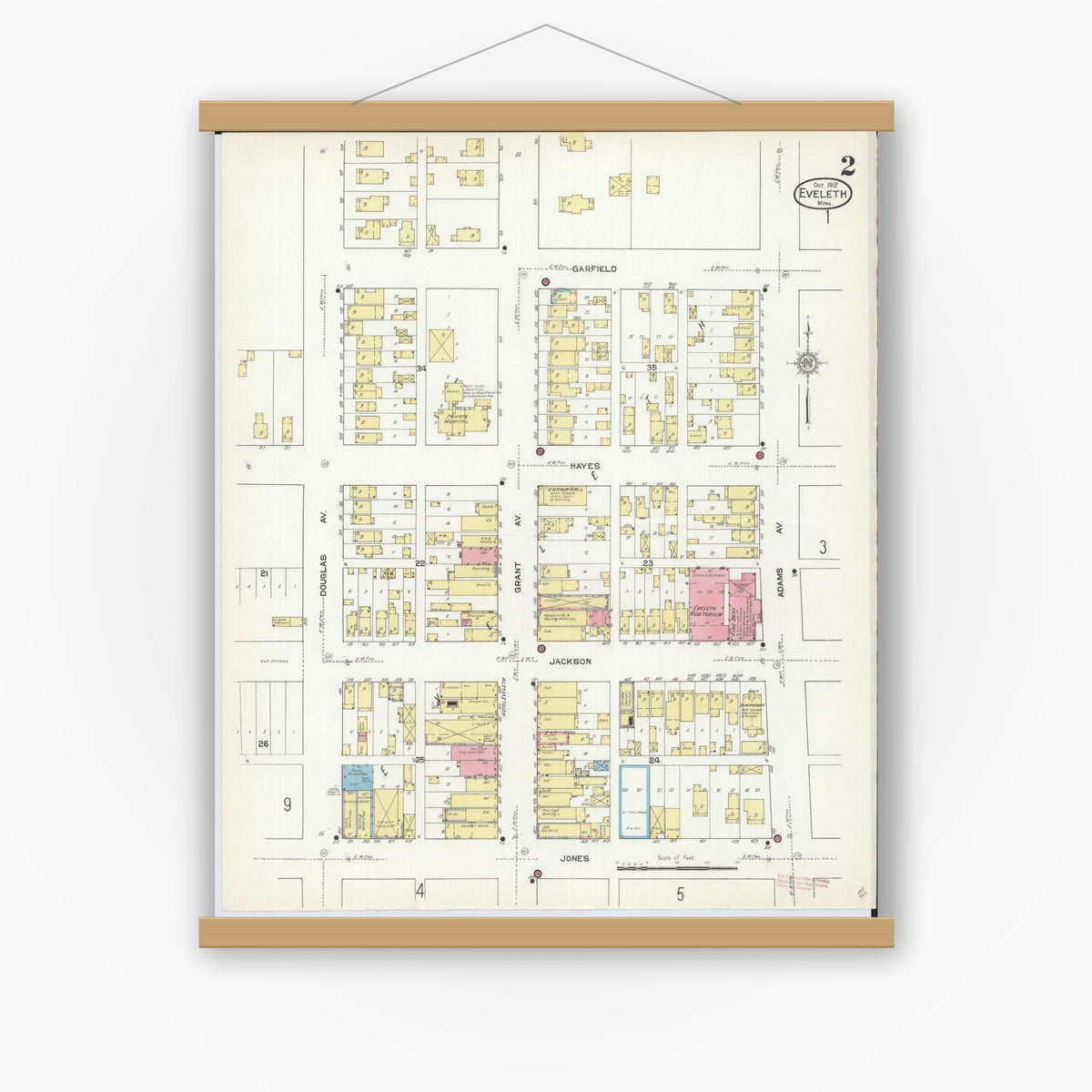 Old map wall art mockup — magnetic wood frame on white wall — Sanborn Fire Insurance Map from Eveleth, Saint Louis County, Minnesota (1912), Sheet #0002