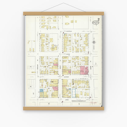 Old map wall art mockup — magnetic wood frame on white wall — Sanborn Fire Insurance Map from Eveleth, Saint Louis County, Minnesota (1912), Sheet #0002