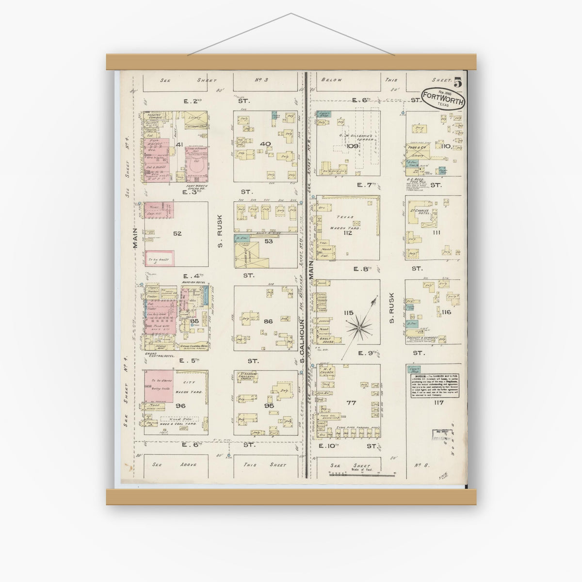 Old map wall art mockup — magnetic wood frame on white wall — Sanborn Fire Insurance Map from Fort Worth, Tarrant County, Texas (1885), Sheet #0005