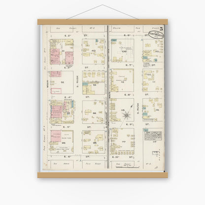 Old map wall art mockup — magnetic wood frame on white wall — Sanborn Fire Insurance Map from Fort Worth, Tarrant County, Texas (1885), Sheet #0005