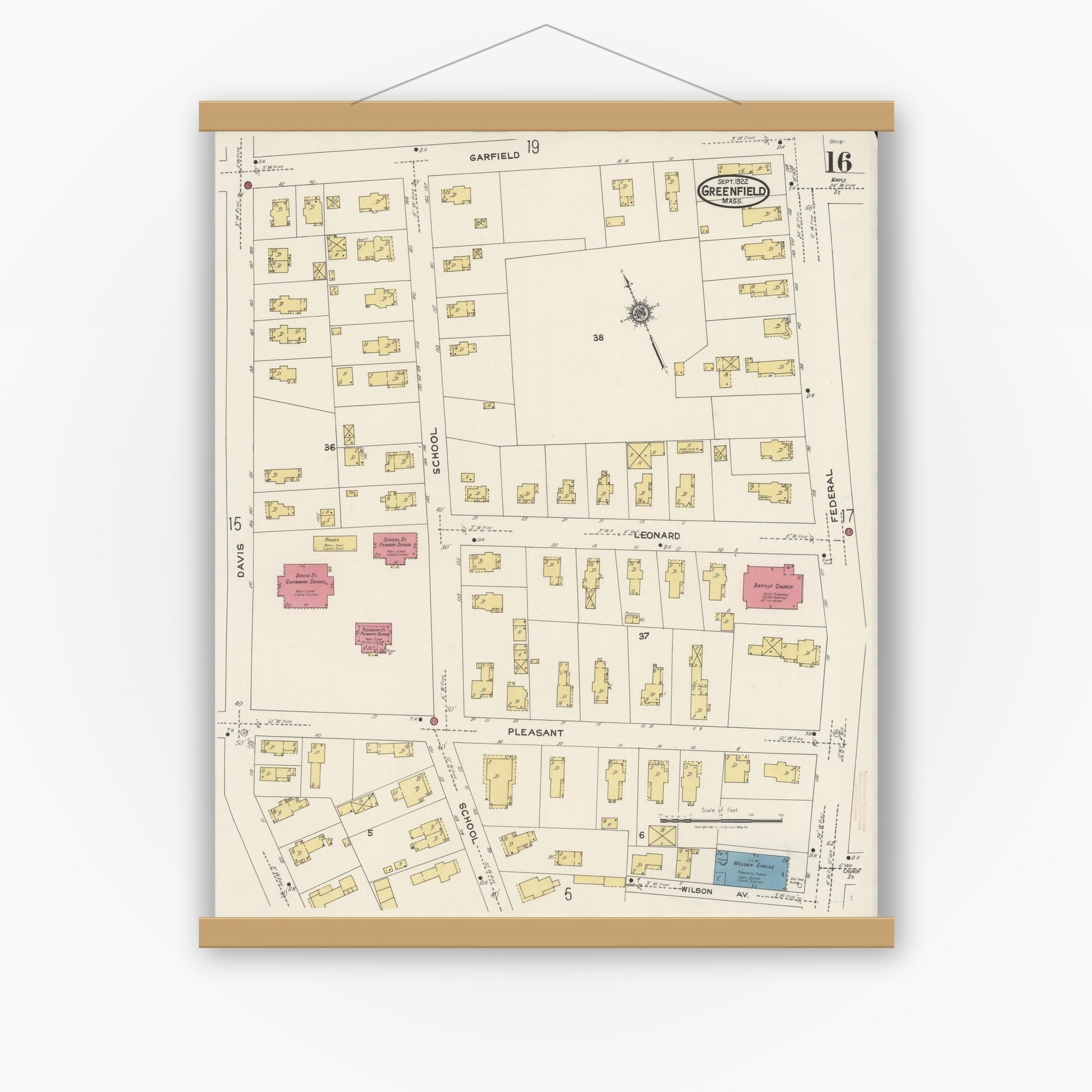Old map wall art mockup — magnetic wood frame on white wall — Sanborn Fire Insurance Map from Greenfield, Franklin County, Massachusetts (1922), Sheet #0016