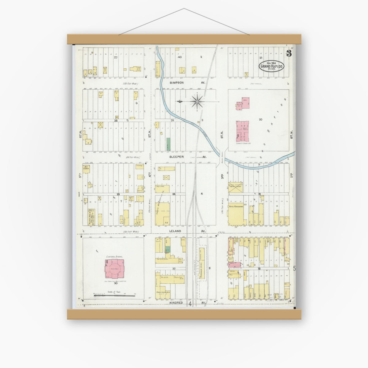 Old map wall art mockup — magnetic wood frame on white wall — Sanborn Fire Insurance Map from Grand Rapids, Itasca County, Minnesota (1904), Sheet #0003