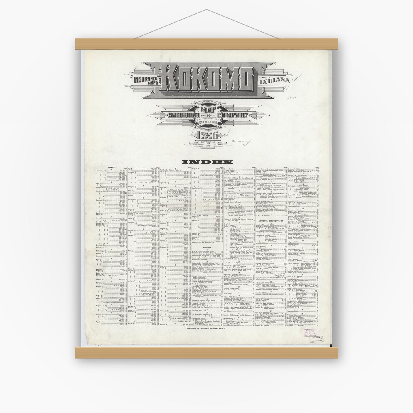 Old map wall art mockup — magnetic wood frame on white wall — Sanborn Fire Insurance Map from Kokomo, Howard County, Indiana (1916), Sheet #0001