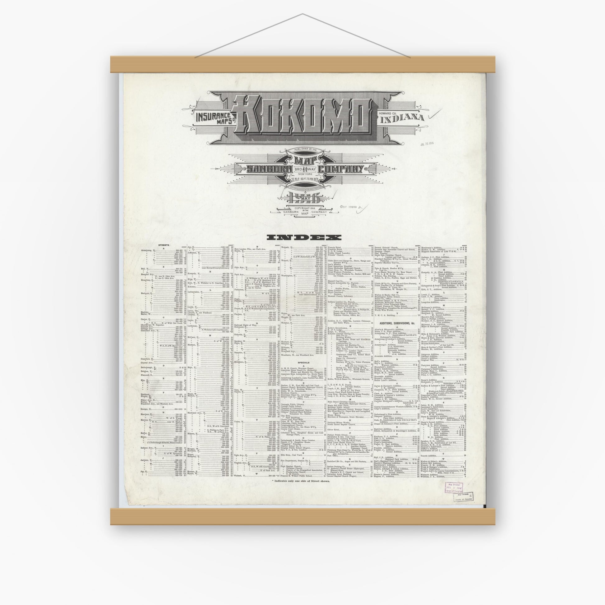 Old map wall art mockup — magnetic wood frame on white wall — Sanborn Fire Insurance Map from Kokomo, Howard County, Indiana (1916), Sheet #0001