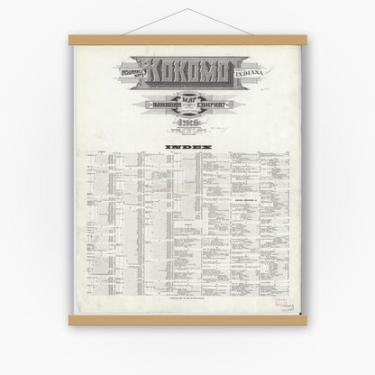 Old map wall art mockup — magnetic wood frame on white wall — Sanborn Fire Insurance Map from Kokomo, Howard County, Indiana (1916), Sheet #0001