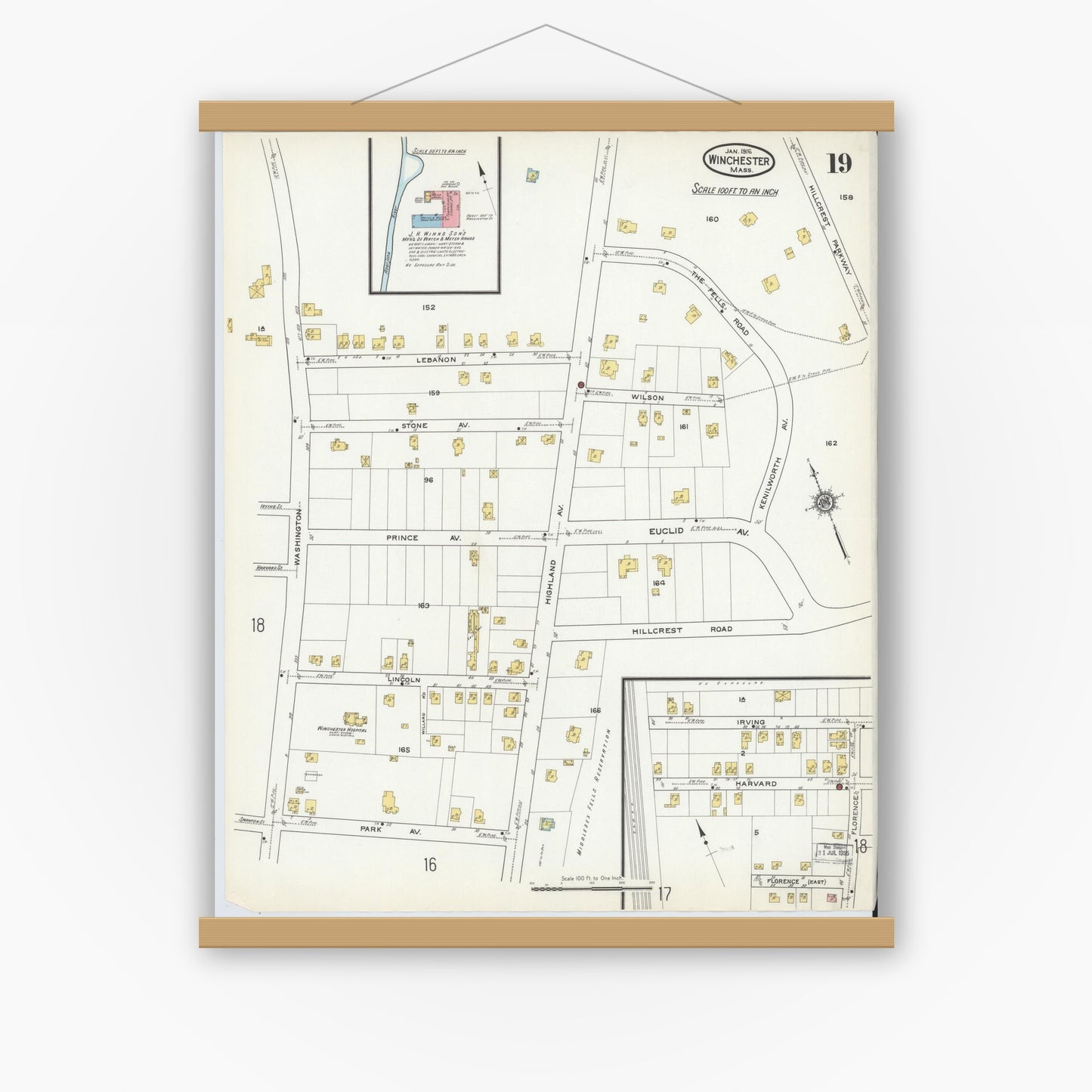 Old map wall art mockup — magnetic wood frame on white wall — Sanborn Fire Insurance Map from Winchester, Middlesex County, Massachusetts (1916), Sheet #0019