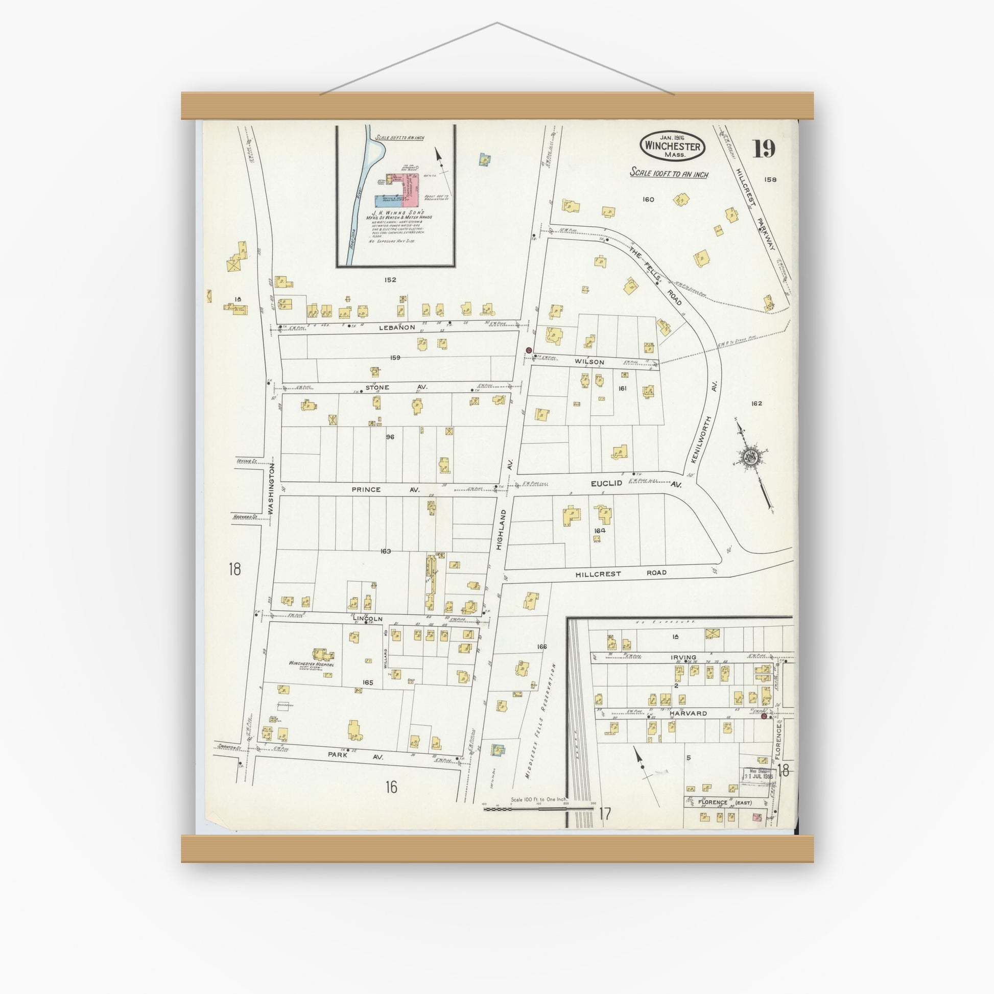 Old map wall art mockup — magnetic wood frame on white wall — Sanborn Fire Insurance Map from Winchester, Middlesex County, Massachusetts (1916), Sheet #0019
