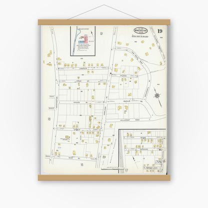 Old map wall art mockup — magnetic wood frame on white wall — Sanborn Fire Insurance Map from Winchester, Middlesex County, Massachusetts (1916), Sheet #0019