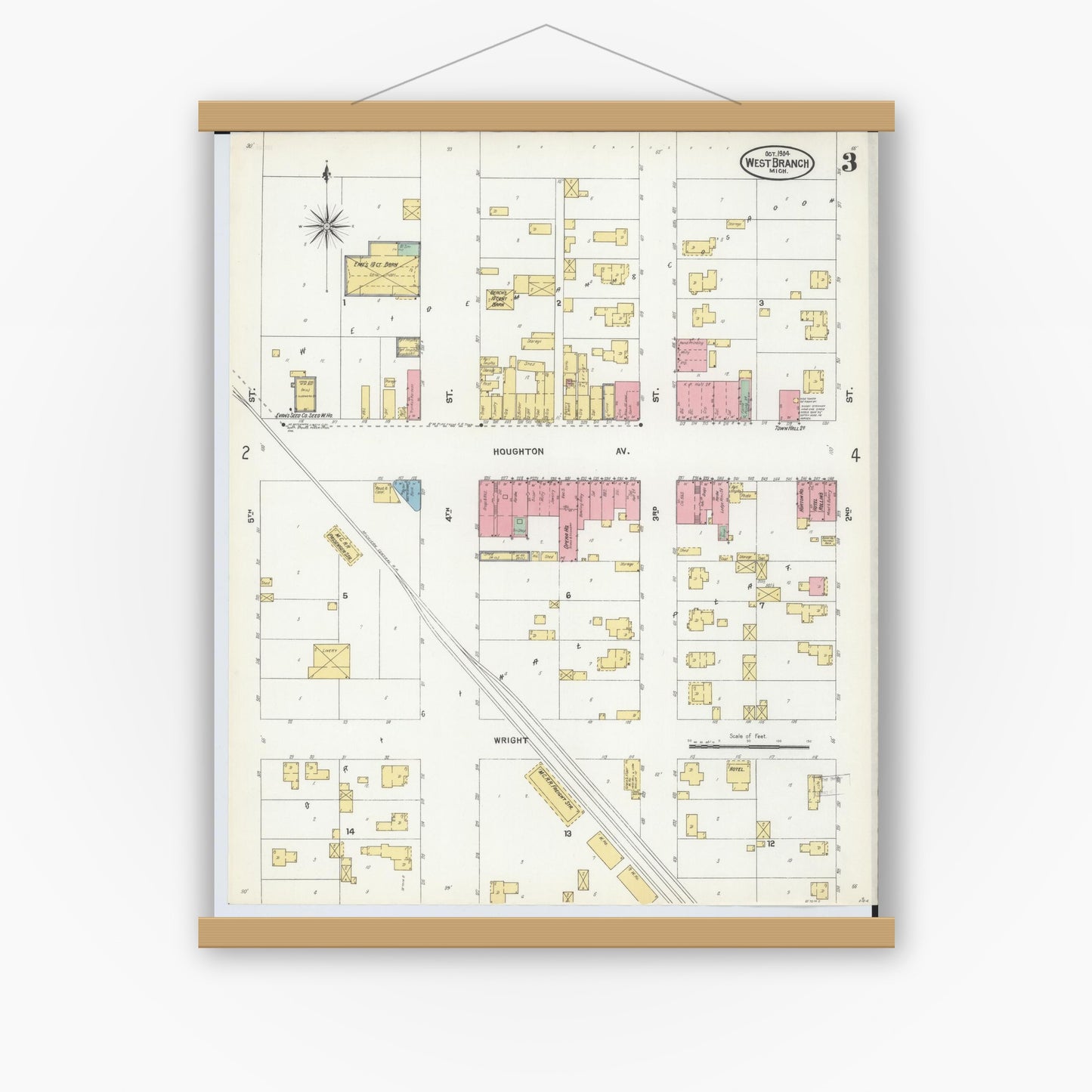 Old map wall art mockup — magnetic wood frame on white wall — Sanborn Fire Insurance Map from West Branch, Ogemaw County, Michigan (1904), Sheet #0003