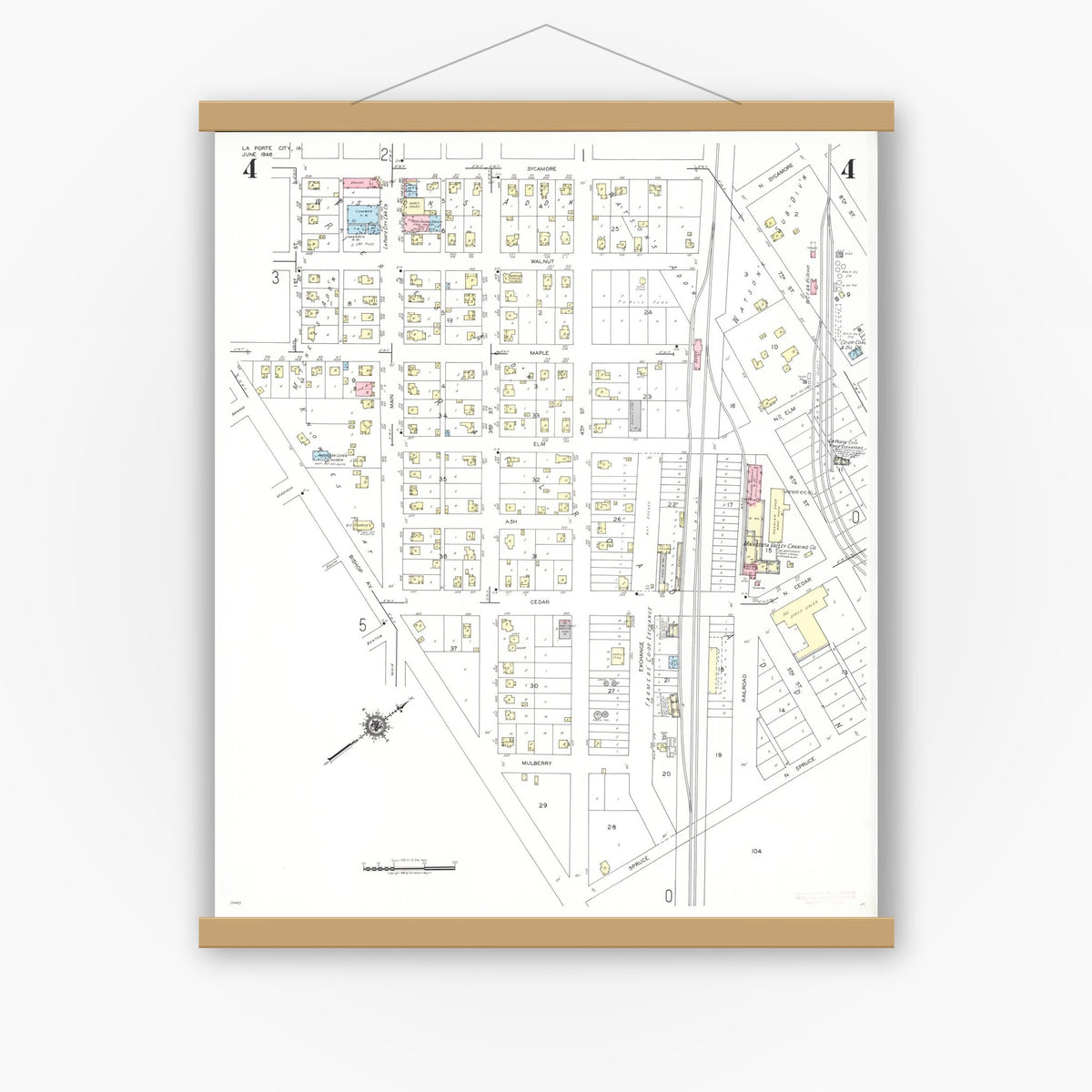 Old map wall art mockup — magnetic wood frame on white wall — Sanborn Fire Insurance Map from La Porte City, Black Hawk County, Iowa (1948), Sheet #0004