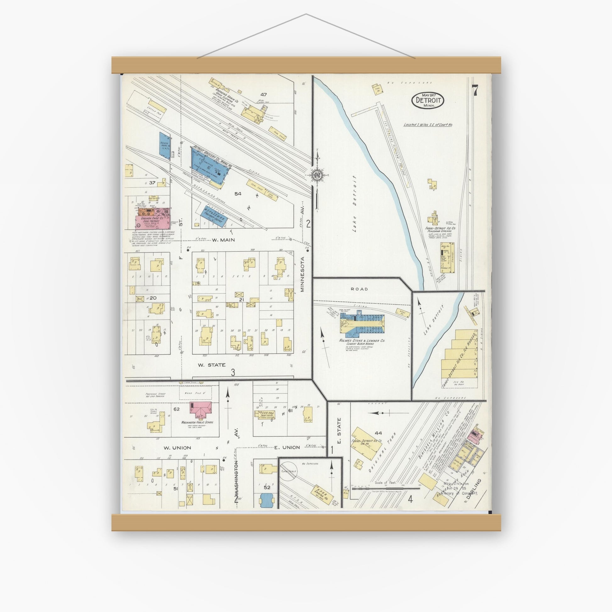 Old map wall art mockup — magnetic wood frame on white wall — Sanborn Fire Insurance Map from Detroit Lakes, Becker County, Minnesota (1917), Sheet #0007