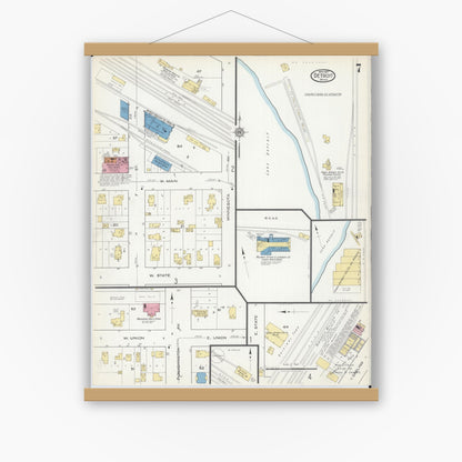 Old map wall art mockup — magnetic wood frame on white wall — Sanborn Fire Insurance Map from Detroit Lakes, Becker County, Minnesota (1917), Sheet #0007