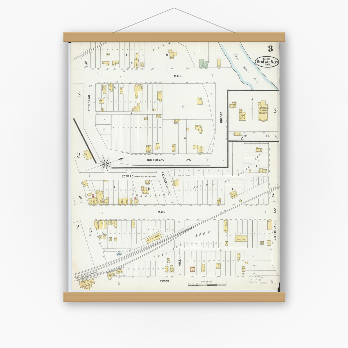 Old map wall art mockup — magnetic wood frame on white wall — Sanborn Fire Insurance Map from Red Lake Falls, Red Lake County, Minnesota (1899), Sheet #0003