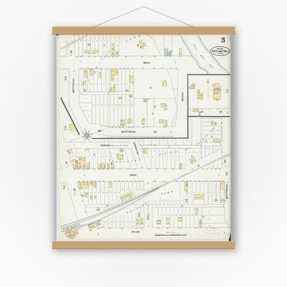 Old map wall art mockup — magnetic wood frame on white wall — Sanborn Fire Insurance Map from Red Lake Falls, Red Lake County, Minnesota (1899), Sheet #0003