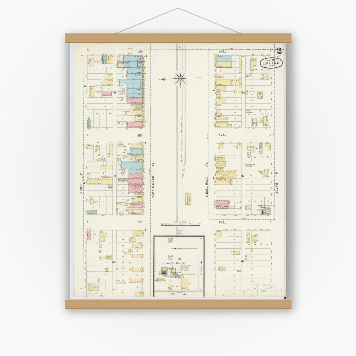 Old map wall art mockup — magnetic wood frame on white wall — Sanborn Fire Insurance Map from Luling, Caldwell County, Texas (1896), Sheet #0002