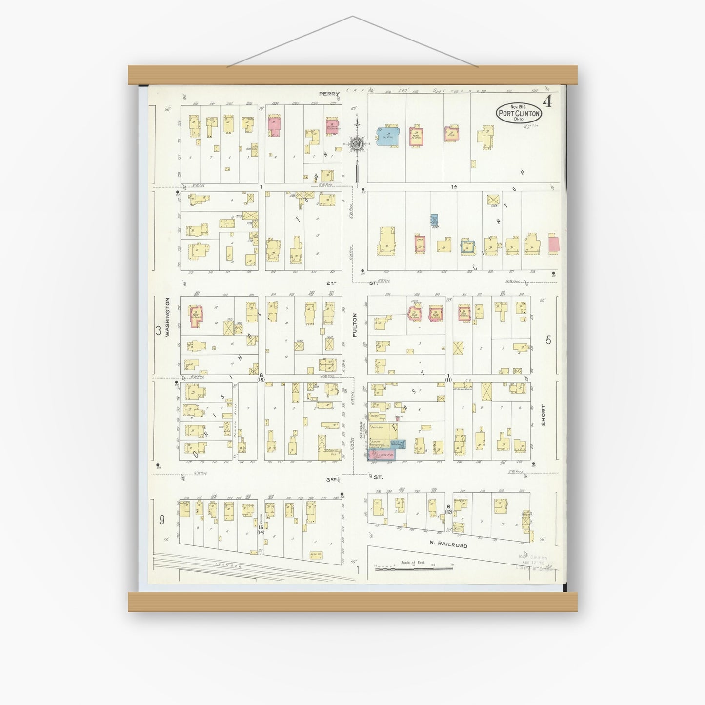 Old map wall art mockup — magnetic wood frame on white wall — Sanborn Fire Insurance Map from Port Clinton, Ottawa County, Ohio (1910), Sheet #0004