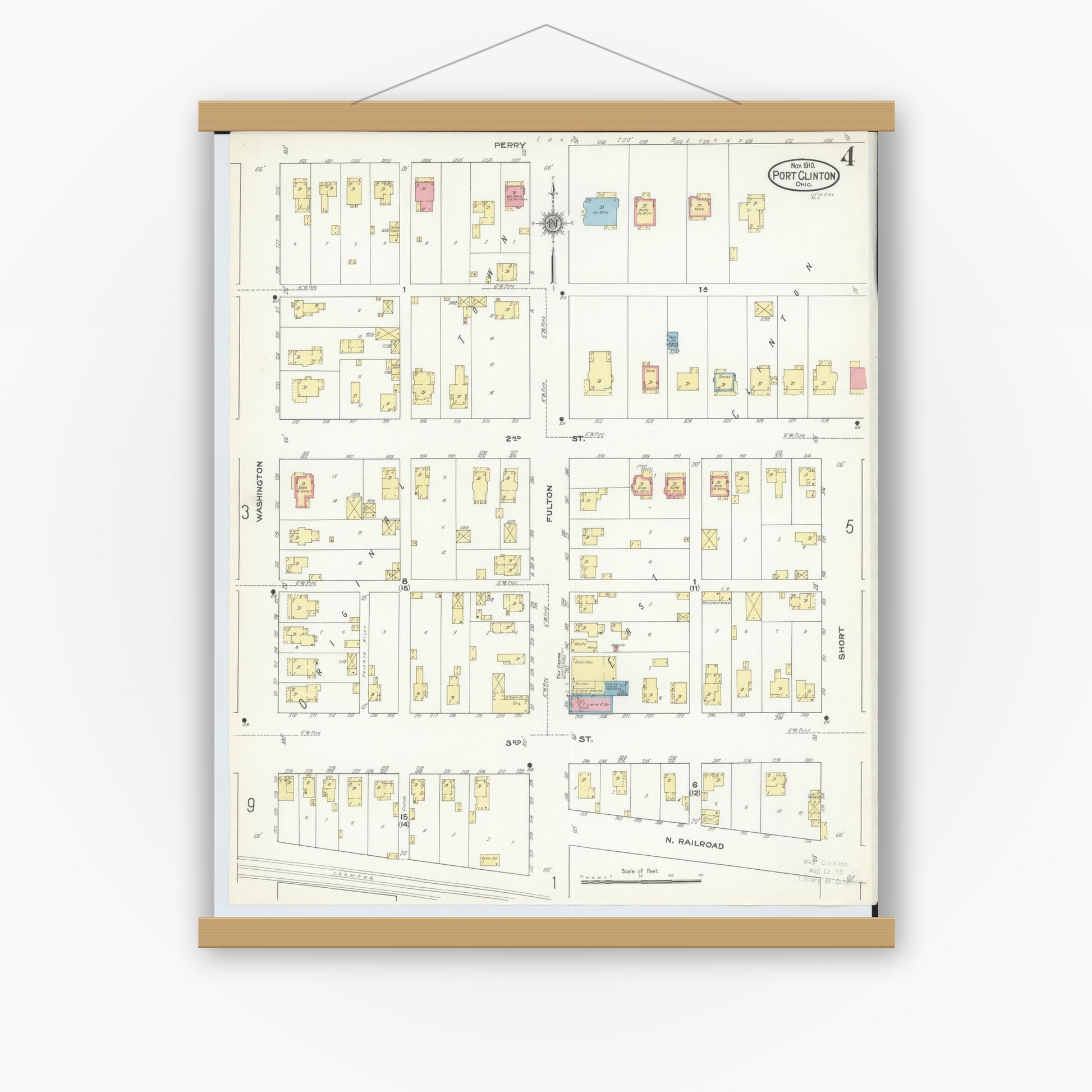 Old map wall art mockup — magnetic wood frame on white wall — Sanborn Fire Insurance Map from Port Clinton, Ottawa County, Ohio (1910), Sheet #0004